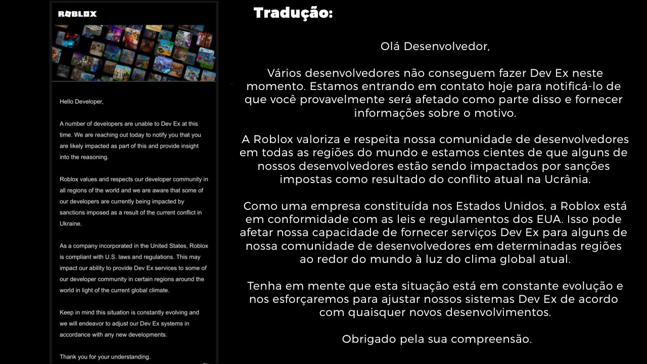 Roblox News Brasil™ on X: ATENÇÃO: Devido o conflito entre Ucrânia é  Rússia, Não é possível fazer DevEx na Rússia, devido as Sanções dos EUA na  guerra da Ucrânia, mas os usuários