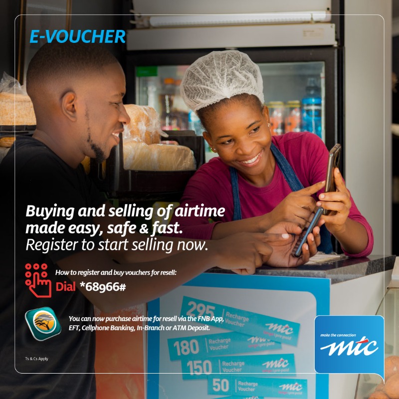 MTCNamibia's tweet photo. Start reselling airtime from your phone with E-vouchers today.
No more scratch cards and airtime expiry dates. Plus, get discounts on airtime vouchers.
Register by dialing *68966# or using the FNB App to buy airtime and start selling.