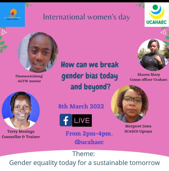 ucahaec's tweet photo. Join us on Tuesday 8 March 2022, as we celebrate women and discuss how we break gender bias today and beyond. We will be  live on Facebook.
@EagleWingsOrga1 @AnjiaSaraphina @YACHSiaya @Jijenge_Siaya @StepupTogether @SiayaNetwork @of_siaya @SharonMaryAkin1 @Andylins2012 https://t.co/vmrm49Xqzc