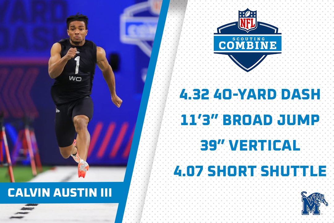 MemphisFB's tweet photo. What a day for @CalvinAustinIII at the #NFLCombine yesterday!

Top 3 amongst WRs in the following drills: 
40 yd dash - 3rd
Broad jump - 2nd
Vertical jump - 3rd
Short shuttle - 1st

#MadeinMemphis https://t.co/HDykcEXz84