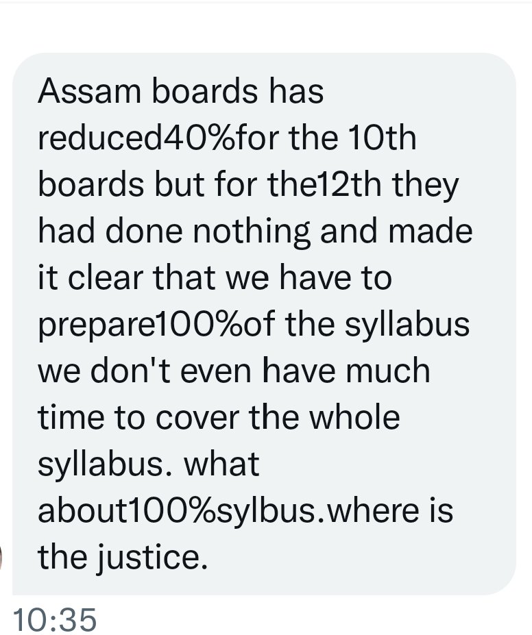 ThePradeepRawat's tweet image. #JusticeForAssamBoardStudents
As a student writes to me!
Why no leniency for 12th Board students in syllabus!
As quality of education was not upto the mark then the least they can do is to reduce syllabus for 12th Board Students!
@CMOfficeAssam 
Please 🙏 Help Students!