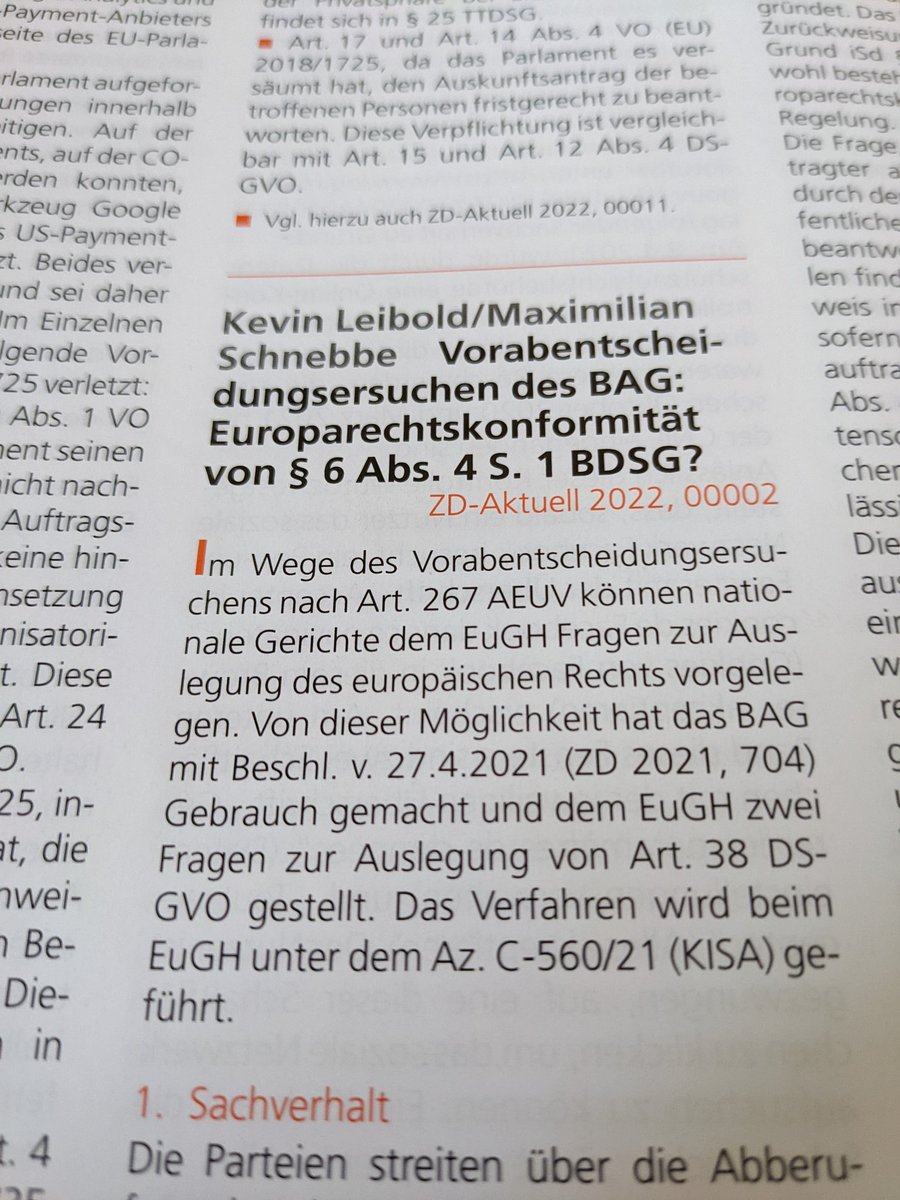 In der aktuellen März-Ausgabe der @ZDatenschutz ist der Beitrag von <a href="/Schnebbem/">Maximilian Schnebbe</a> und mir bzgl. des Vorabentscheidungsersuchen des BAG an den EuGH zu § 6 Abs. 4 BDSG veröffentlicht worden!

Vielen Dank dafür!
