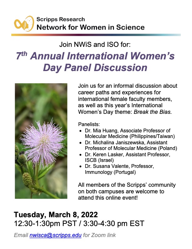 Network for Women in Science at Scripps Research (@scrippsnwis) on Twitter photo Hi Friends! <a href="/womensday/">Women's Day</a> is almost here 🎉
Join us on March 8 for a special discussion with an amazing panel of female faculty members who will share their experiences and speak with us about how we can #BreaktheBias 👭 #IWD2022
email nwisca@scripps.edu for Zoom link Hi Friends! <a href="/womensday/">Women's Day</a> is almost here 🎉
Join us on March 8 for a special discussion with an amazing panel of female faculty members who will share their experiences and speak with us about how we can #BreaktheBias 👭 #IWD2022
email nwisca@scripps.edu for Zoom link