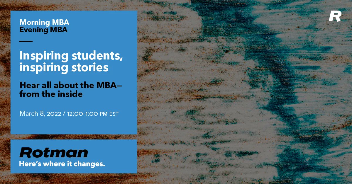 RotmanMBAMFin's tweet image. Get to know our Morning/Evening MBA through the eyes of our students. buff.ly/3M1WXUq. Hear about challenges, surprises, and how the skills they're learning help them increase their impact in the workplace. Bring your questions! Tue Mar 8, 12:00-1:00 PM EST @rotmanschool
