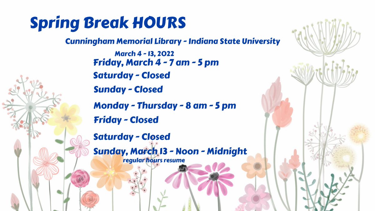 Have a safe and healthy Spring Break Sycamores!

#ISUlib #Indstate #ISULibrary #indstate_special_collections
#FCTE #ISUmentoring #SycamoreStrong #Sycamores