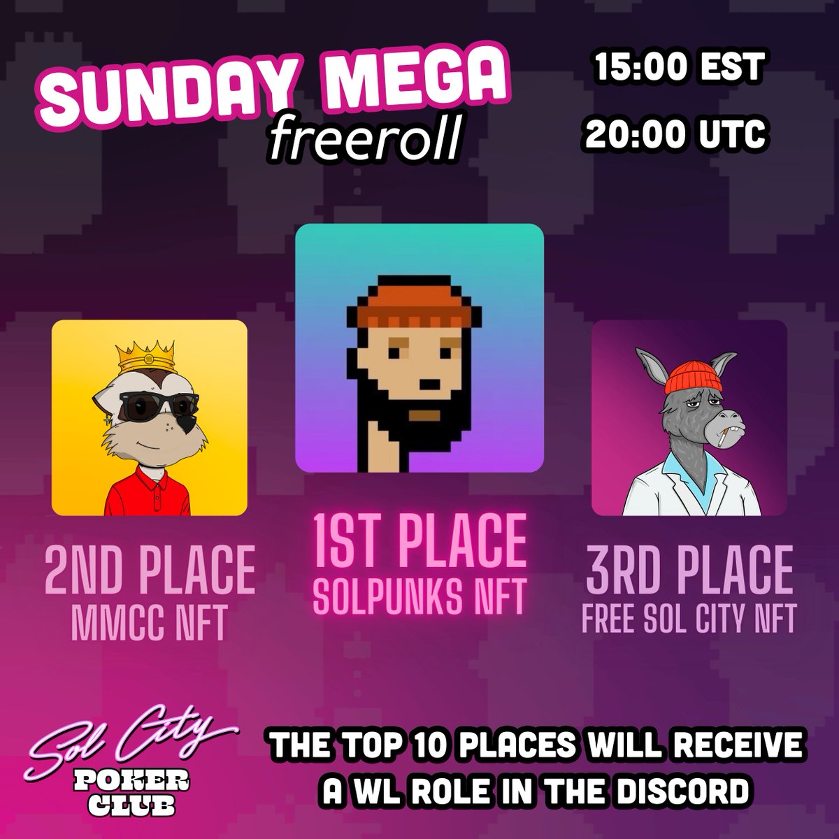 AionPoker's tweet photo. SUNDAY! SUNDAY! SUNDAY!!

FREE POKER TOURNAMENT EVERY SUNDAY ONLY IN SOL CITY!!

👀🎁HUGE PRIZES!!🎁🤑

1x @PunksOnSolana ! 
1x @mmccsolana !
1x @SCPokerClub !

HOW TO PLAY!👇👇
https://t.co/QkzM1ASPpu 

#Solana #SolanaNFTs #NFTdrop #NFTGiveaways #solGiveaway #Giveaways https://t.co/Ry9muRwlsL