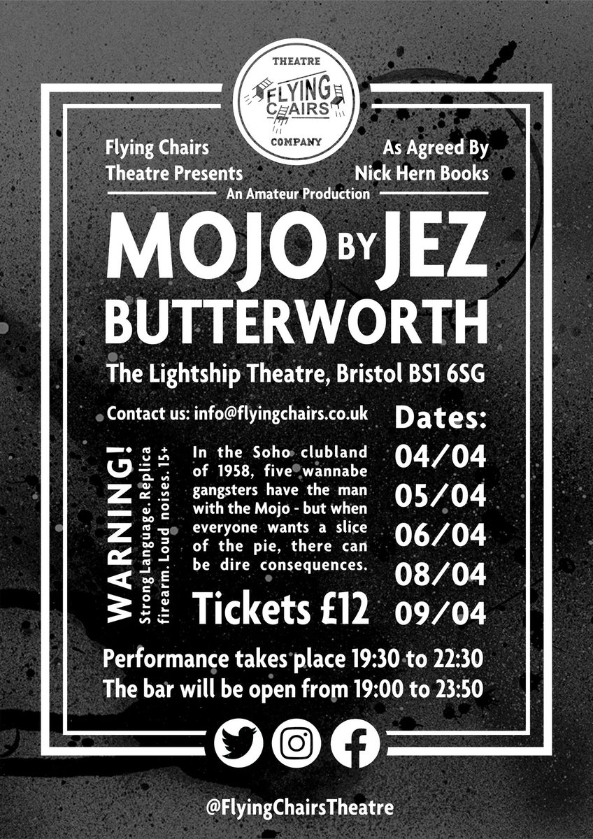 Flying_Chairs's tweet photo. Ta-Da! 

It's been a long time coming, but our production of Mojo will finally be performed at The Lightship Theatre next month!

Tickets will go on sale next week on Friday the 11th😍

In the meantime keep an eye out for updates from our socials👀 https://t.co/6Aot3h6OVa