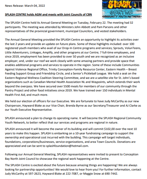 The SPLASH Centre recently held its AGM and had the opportunity to present to CBN Joint Council. Here's some highlights from those meetings. <a href="/VOCMNEWS/">VOCM News</a> <a href="/CBC/">CBC</a> @SaltWireNetwork @OfficialOZFM <a href="/townofhrgrace/">Town of Harbour Grace</a> <a href="/TownofCarbonear/">Town of Carbonear</a> <a href="/Town_BayRoberts/">Town of Bay Roberts</a> <a href="/PamNParsons/">Pam Parsons - HarbourGracePortdeGrave</a> @JohnAbbottNL <a href="/nlnewcountry/">New Country NL</a>