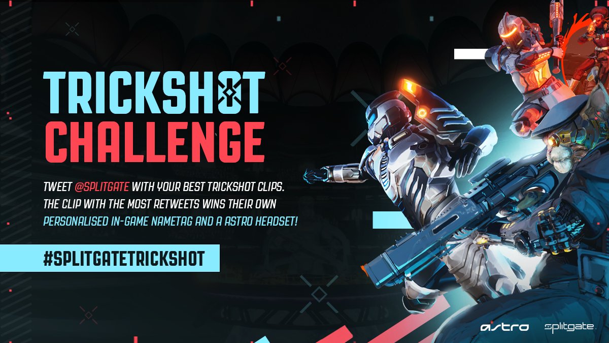 Splitgate's tweet image. We want to see the best trickshots that you’ve mastered in Splitgate!💥
 
Tweet us YOUR best clip using #SplitgateTrickshot for a chance to win prizes, including exclusive in-game nametags and headsets from @ASTROGaming!😎
 
Ends 03/10/22. T&amp;amp;Cs apply: bit.ly/SplitgateTrick…