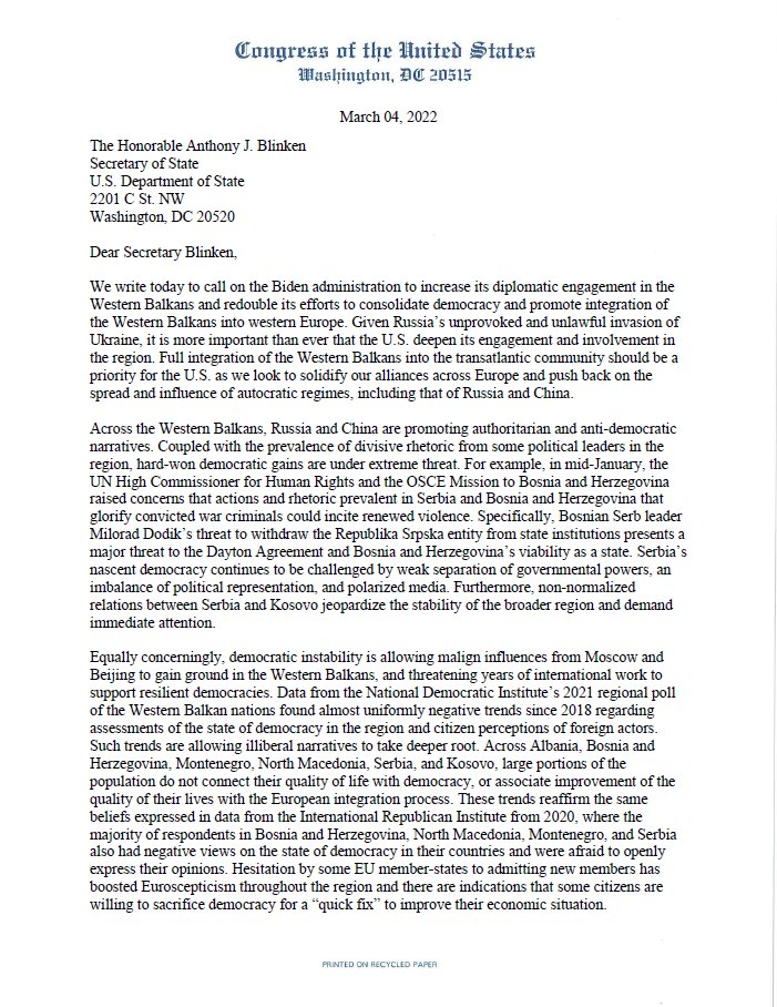 repdinatitus's tweet photo. As the world watches Russia’s unlawful invasion of Ukraine unfold, it is more important than ever for the U.S. to deepen its engagement in the Balkans. Today I led a letter with my colleagues urging @StateDept to demonstrate our readiness to support democratic values abroad. https://t.co/c0FVz7iEYI
