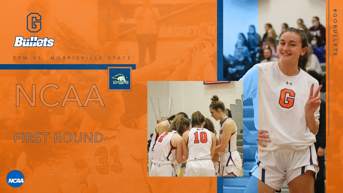 GburgWBB's tweet photo. NCAA TOURNAMENT TIME!
1️⃣ST Round tonight 
5PM: Baldwin Wallace vs Salisbury
7PM: Bullets vs. Morrisville State https://t.co/mMKjpBvstq