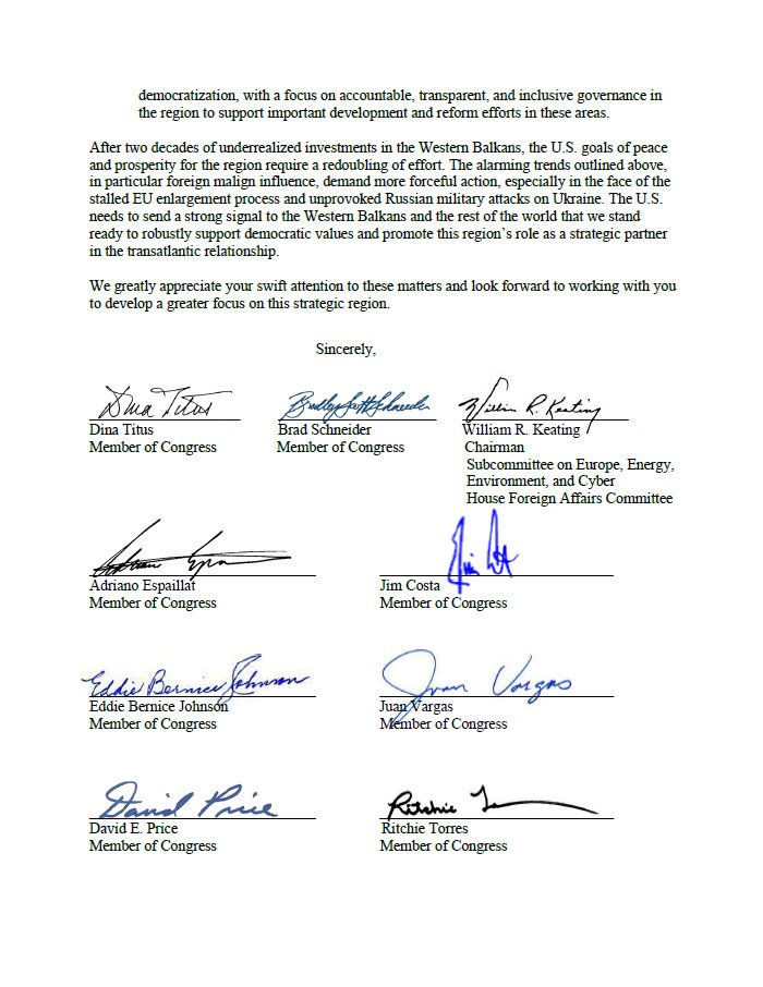 repdinatitus's tweet photo. As the world watches Russia’s unlawful invasion of Ukraine unfold, it is more important than ever for the U.S. to deepen its engagement in the Balkans. Today I led a letter with my colleagues urging @StateDept to demonstrate our readiness to support democratic values abroad. https://t.co/c0FVz7iEYI
