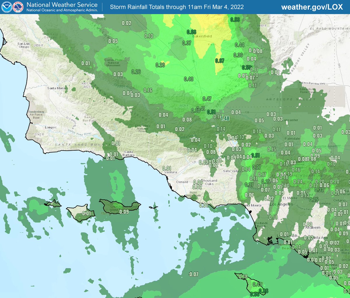 NWS Los Angeles on Twitter "Latest rainfall and snowfall totals, full