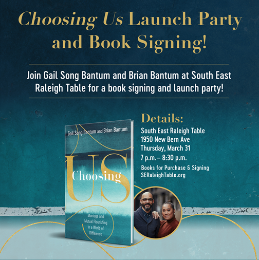 DukeDivAlumni's tweet image. Gail and Brian Bantum, both DDS alum, launched their book “Choosing Us” yesterday. 

The Bantums will be in the Triangle area on Thursday, March 31 and will hold a Q&amp;amp;A discussion at South East Raleigh Table. 

We hope that you will consider joining them!