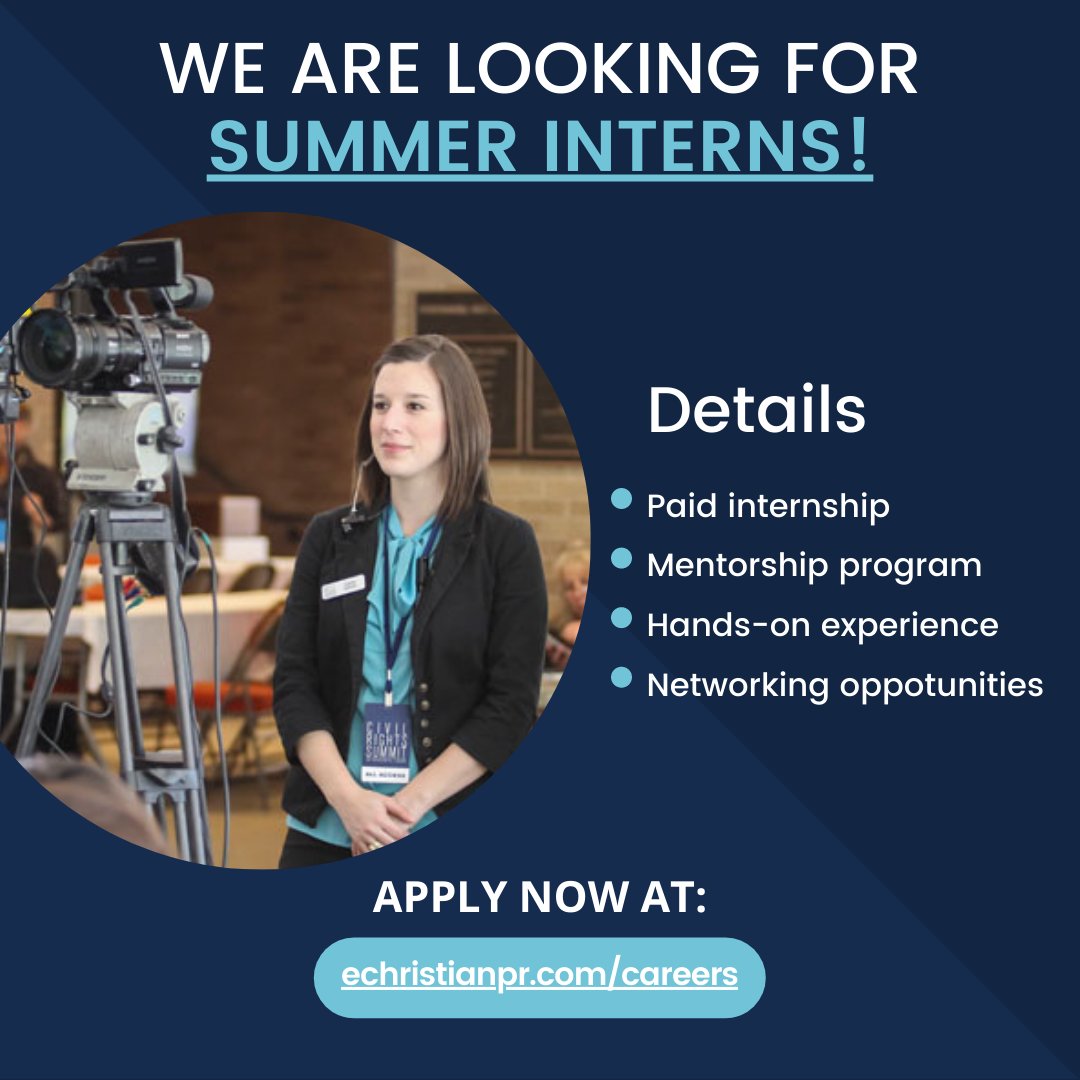 Are you an upcoming college junior or senior with a passion for all things public relations and communications? Join our team as a summer intern where you will get hands-on public relations experience in an agency setting! 

echristianpr.com/careers