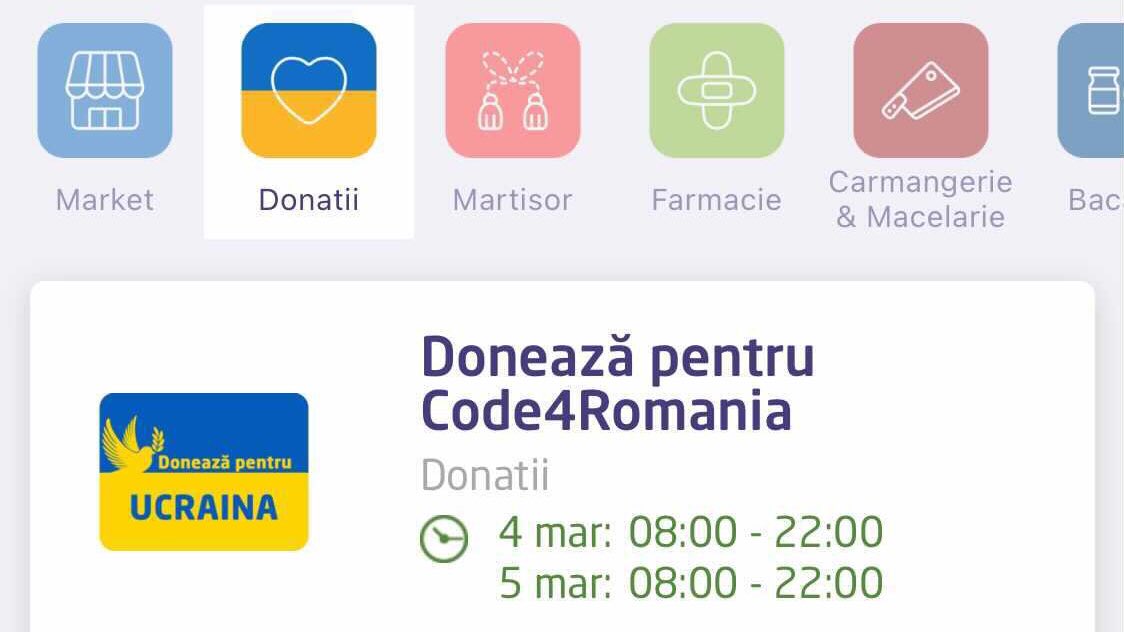 Code4Romania's tweet photo. 👉Începând de azi ne puteți sprijini eforturile pentru cei care fug din calea războiului din Ucraina și direct din 🛒aplicația de livrări #bringo. Pune în coșul de cumpărături și o donație pentru Code for Romania!🤗 #doneaza #code4romania #civictech #Ukraine https://t.co/TX7111OnMS