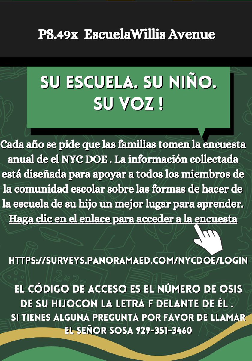 Cada año, le pedimos a toda nuestra comunidad que responda una encuesta. Esta encuesta brinda a los líderes escolares una mejor comprensión de lo que piensa la comunidad sobre la escuela y cómo hacer de su escuela un mejor lugar para aprender.

schoolsaccount.nyc