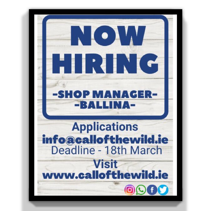 ➡️Now Hiring⬅️ Join our Ballina team. ℹ️ Management post available. Email your CV and cover letter to: info@callofthewild.ie ℹ️Deadline for applications is 6pm Fri 18th of Mar #job #management #callofthewildballina #callofthewild #outdoorstore #inspiredbyadventure #jobfairy