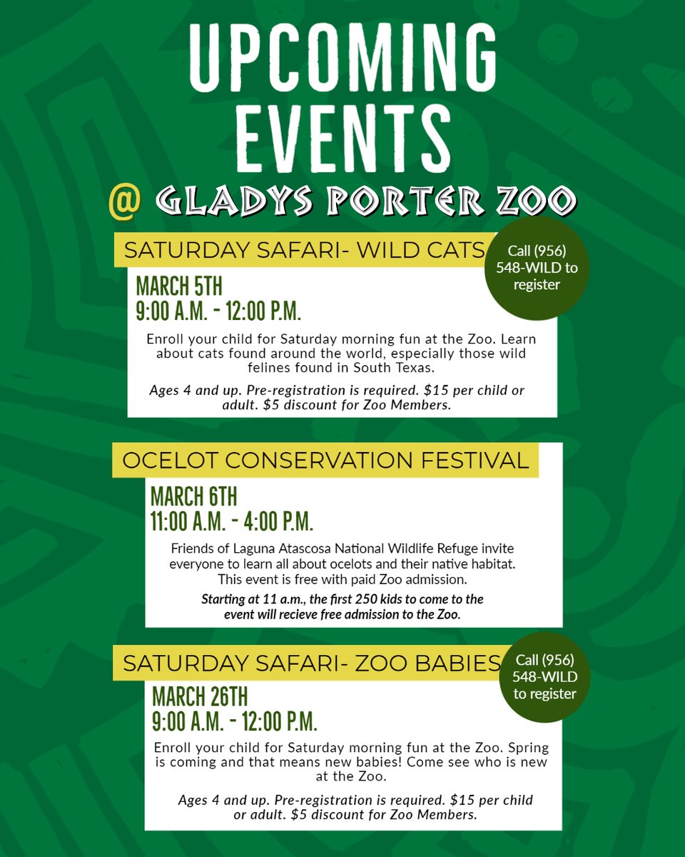 GladysPorterZoo's tweet photo. Add these events to your calendars this month!  (Psssst... two events are happening this weekend 👀) 

P.S. Pre-registration is required for our Saturday Safari classes so be sure to call ahead to reserve your child's spot! 

#GPZoo #upcomingevents #visitmitte #visitbrownsville https://t.co/RobMJiGDIi