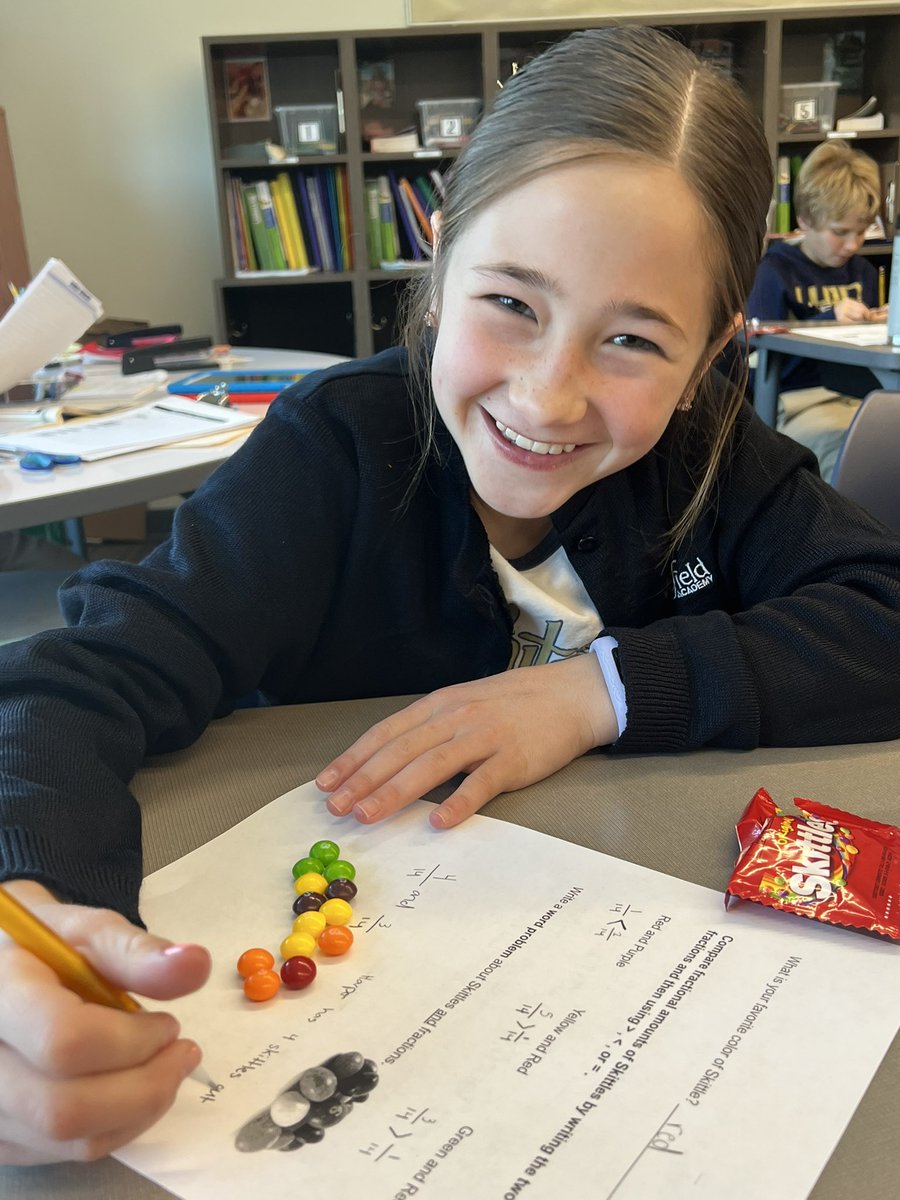 WA4thDavid's tweet photo. Taste the rainbow of fraction fun! Math is always more fun with candy!! #whitefieldacademy https://t.co/OAISZ7kwYF