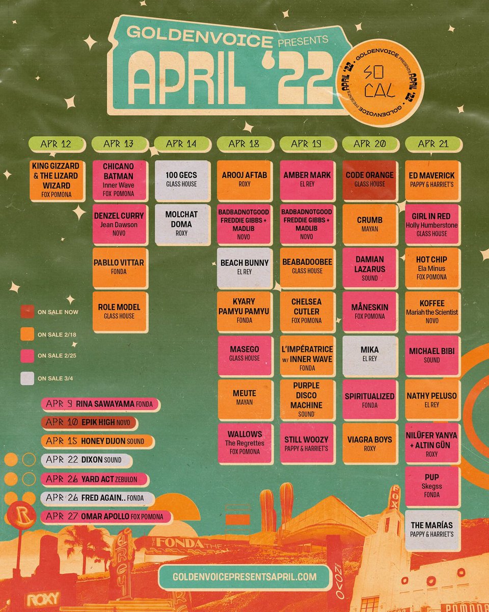TheScenestar's tweet photo. The last round of Coachella 2022 "Goldenvoice Presents April" sideshows go on sale today at 12 p.m. PT!
This includes 100 Gecs, Dixon, Mika, Molchat Doma, The Marias, & more at a venue near you!
Info: https://t.co/esBruFJKyD
#goldenvoicepresentsapril #localchella #coachella https://t.co/4143QXZsja