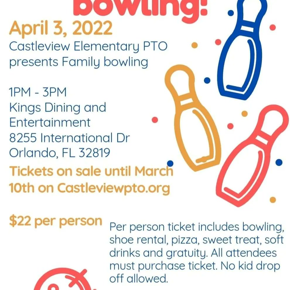 Don't forget to purchase your Family bowling tickets before Spring break on Castleviewpto.org
Limited number of tickets are available and are selling fast.... don't hesitate