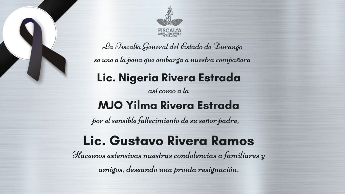 Enviamos nuestras más sinceras condolencias a nuestra compañera Lic. Nigeria Rivera Estrada, así como a la MJO Yilma Rivera Estrada, por el sensible fallecimiento de su querido padre, el Lic. Gustavo Rivera Ramos.