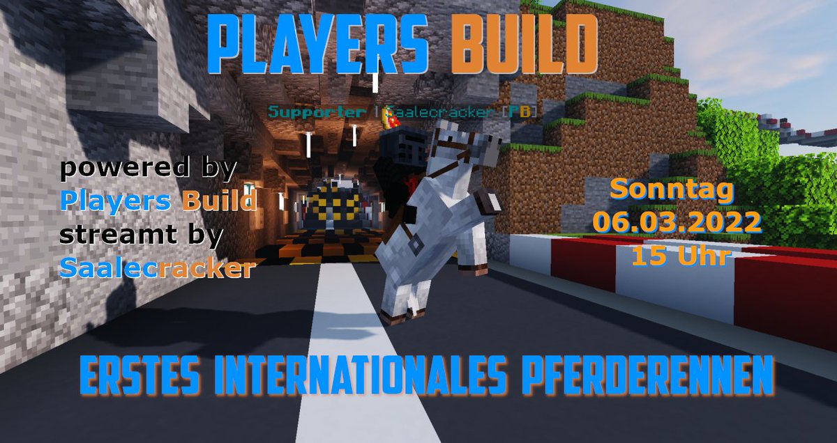 PlayersBuild's tweet photo. Pferde gesattelt und aufgepasst!
Am Sonntag startet unser erstes internationales Pferderennen 🐎
Wer schon immer mal auf einem Hottehüh Vollgas geben wollte - dies ist eure Chance!
Live zu verfolgen auf https://t.co/BZoJX3ITG6
#playersbuild
#Minecraft
#community
#pferderennen https://t.co/QpSYxjkCF1