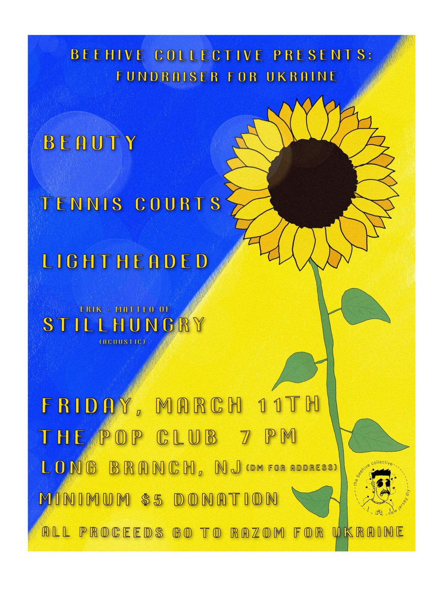 benefit show for Ukraine on 3/11 in long branch! all proceeds from the show will be donated to <a href="/razomforukraine/">Razom for Ukraine 🇺🇸🤝🇺🇦</a> 💙💛

dm for address, s/o to <a href="/lenny_beats/">Lenny</a> for the flyer and spearheading this