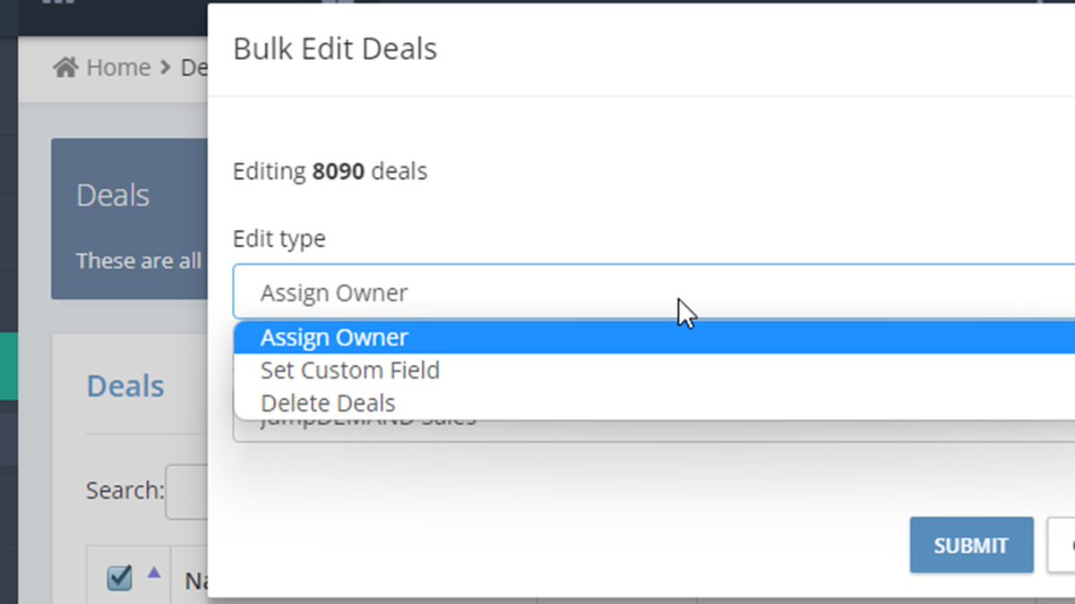 New feature release! We now have a Bulk Edit Deals feature so you can now bulk edit deals by deleting, changing the contact manager, or setting a field on multiple deals at once. #salesenablement