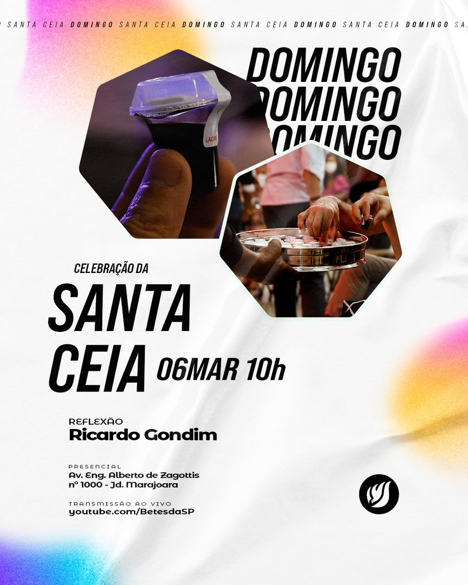 Domingo celebraremos a Santa Ceia.

Aguardamos por você a partir das 10h, traga amigos e familiares. Será uma manhã de celebração.

⚠️ Quem for participar do presencial, se possível traga um kg de alimento não perecível para ajudar nas cestas básicas.