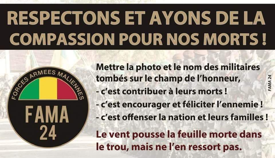 Pensées pieuses pour nos braves Famas tombés sur le champ de l’honneur à Mondoro à la suite d’une attaque lâche et barbare de cette bande de monstres créés à dessein. Dieu veille. Repos éternel aux disparus et prompt rétablissement aux blessés. Courage à nos vaillantes Famas.