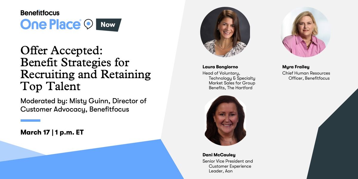 Benefitfocus's tweet photo. We’re excited to announce our next #OnePlaceNow digital event. On 3/17 at 1pm ET, expert panelists will discuss #benefitstrategy for recruiting and retaining talent. Register now to join us: https://t.co/VH5DPqEfkF https://t.co/whobAvrrEE