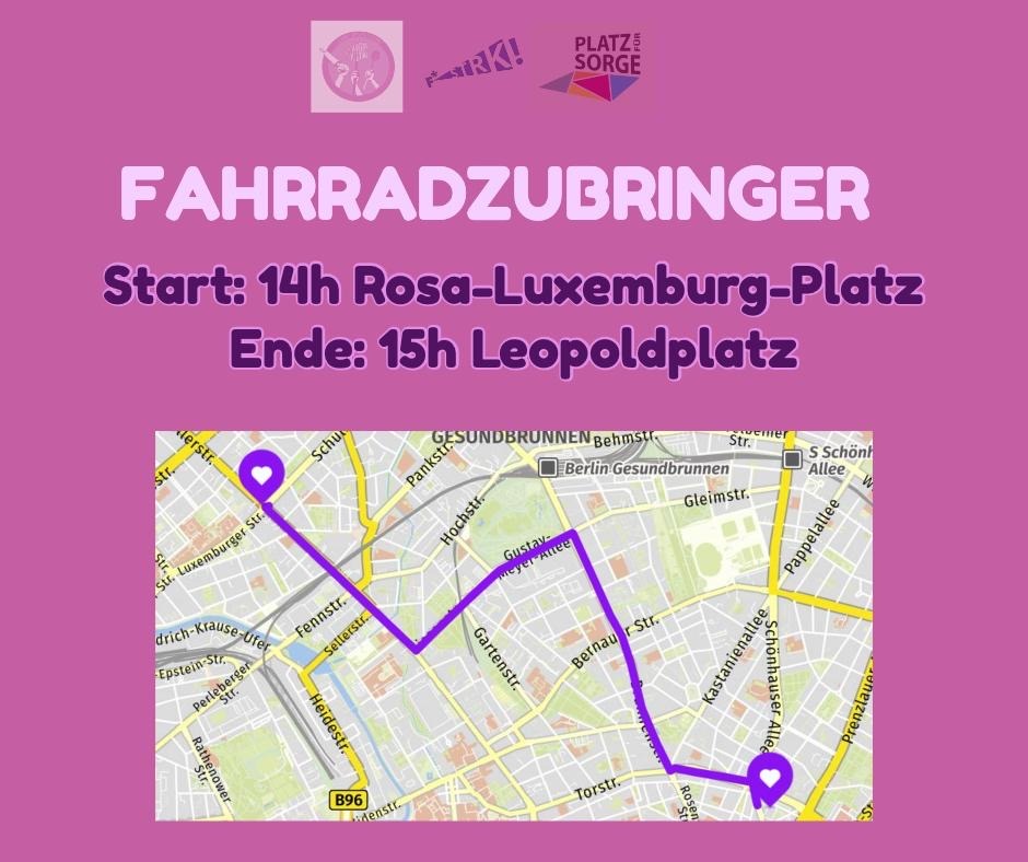 FemStreik's tweet photo. Nach der Kundgebung "An CARE denken-Kämpfe vereinen, Überlastung beenden" gibt es eine Fahrraddemo zum Leopoldplatz!
Zwischendurch gibt es auf dem Rosa-Luxemburg-Platz KüFa, damit ihr euch nicht nur mental gestärkt auf zur nächsten Demo schwingen könnt! https://t.co/O0STNtu21q