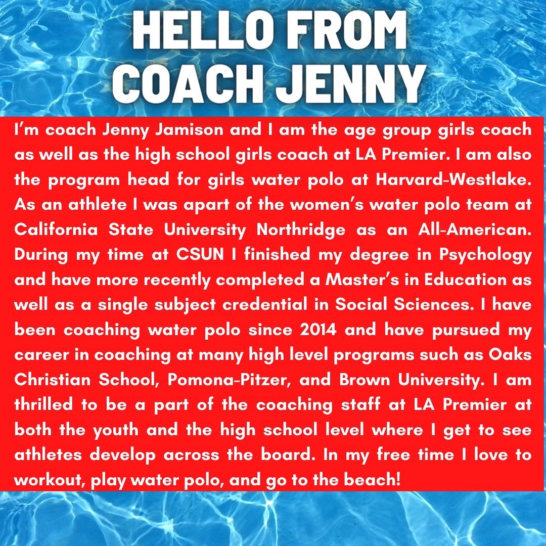 MEET OUR COACHES! We’d like to introduce you to our Girls Program Head Coach Jenny Jamison. Coach Jenny joined our LA Premier family last Fall and we are so fortunate that she is a part of our program. 

Read her blurb to learn a little more about Coach Jenny!