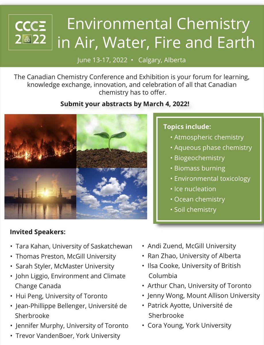nadineborduas's tweet photo. Come join us at #CCCE2022 in Calgary for engaging discussions on #envirochem #biogeochem #atmoschem and the elements Air Water Fire Earth. Deadline is today! https://t.co/STgxdCPnI5
