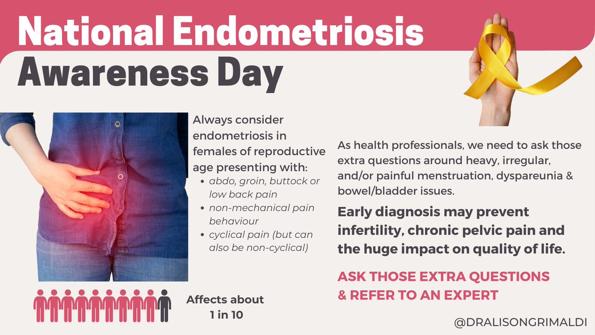 Endometriosis is common in younger females. Pain may present not only in the lower abdomen, but also the groin, buttock and/or lower back. Ask those extra questions and refer to an expert if there is any suspicion. Early diagnosis can be life changing. #endometriosis #endo