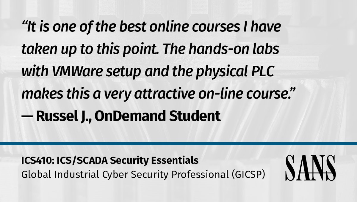 SANSICS's tweet photo. Check out the free #ICS410 course demo today and see for yourself: https://t.co/z4egj0Mo3z
#ICSSecurity #ICS #SCADA #GICSP #OnDemand #cyber #training https://t.co/yKn6gjT0M8