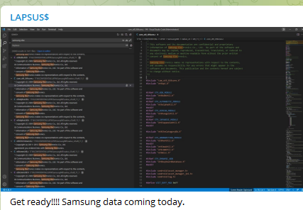 #Lapsus group claims they breached #Samsung

#CyberAttack  #ThreatHunting 
<a href="/SOSIntel/">SOS Intelligence</a> 
<a href="/Cyberknow20/">CyberKnow</a> 
<a href="/GossiTheDog/">Kevin Beaumont</a> 
<a href="/campuscodi/">Catalin Cimpanu</a>