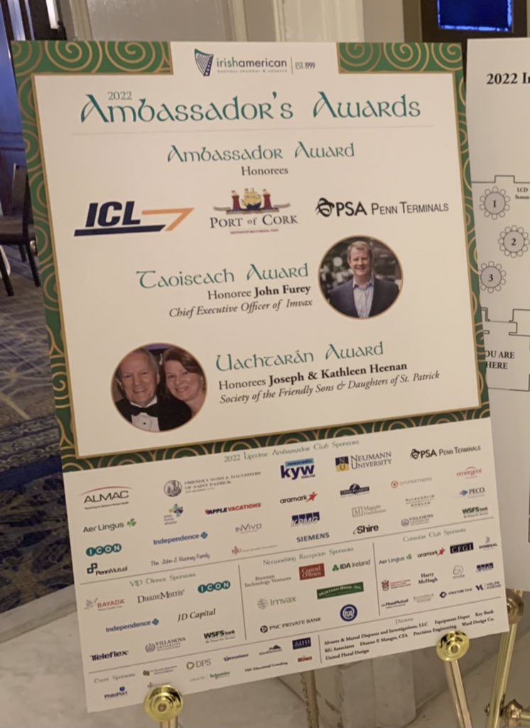 IABCNPhila's tweet photo. Today’s honorees include #IndependentContainerLine, @PortofCork, #PSAPennTerminals, John Furey of @imvax_inc, and Joseph & Kathleen Heenan, of the Society of the Friendly Sons and Daughters of St. Patrick! #AMB22 https://t.co/xQXVQoIJcY