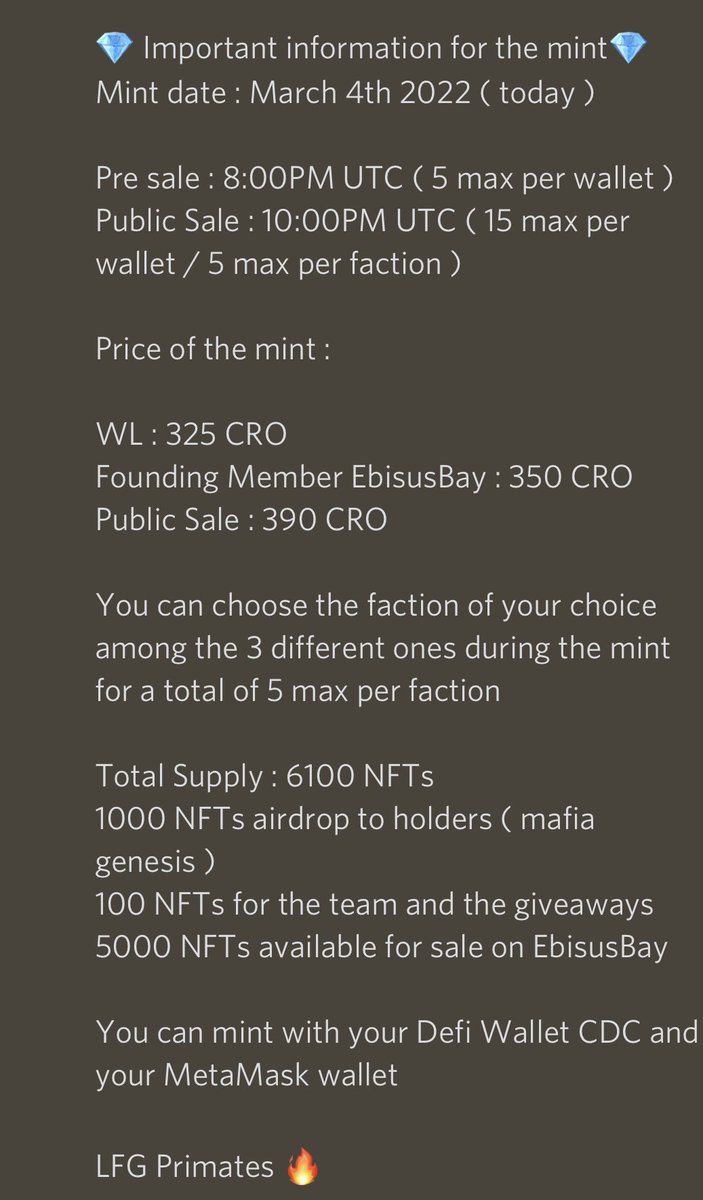 PrimateBusiness's tweet photo. Important information about the launch of our collection today on @EbisusBay 

Drop page : https://t.co/qauuoGcVRX

Like &amp; RT + comment for a chance to win 3 x 100 #cro + 2 NFTs
#crofam #cronosnft #FFTB #cryptocomnft #cryptocom #cronos #crofamily #nft https://t.co/HOmb7uXj9k