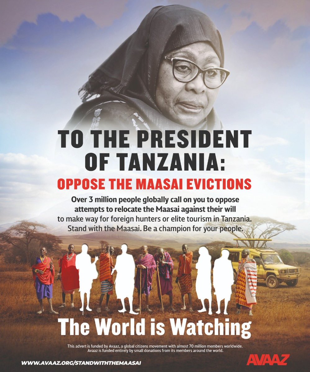 When Tanzanian President @SuluhuSamia opens @The_EastAfrican this weekend, she will see the voices of 3 million people calling on her to oppose the Maasai evictions. RT the image below, similar to the full-page ad, and let's make sure she sees it #IStandWiththeMaasai