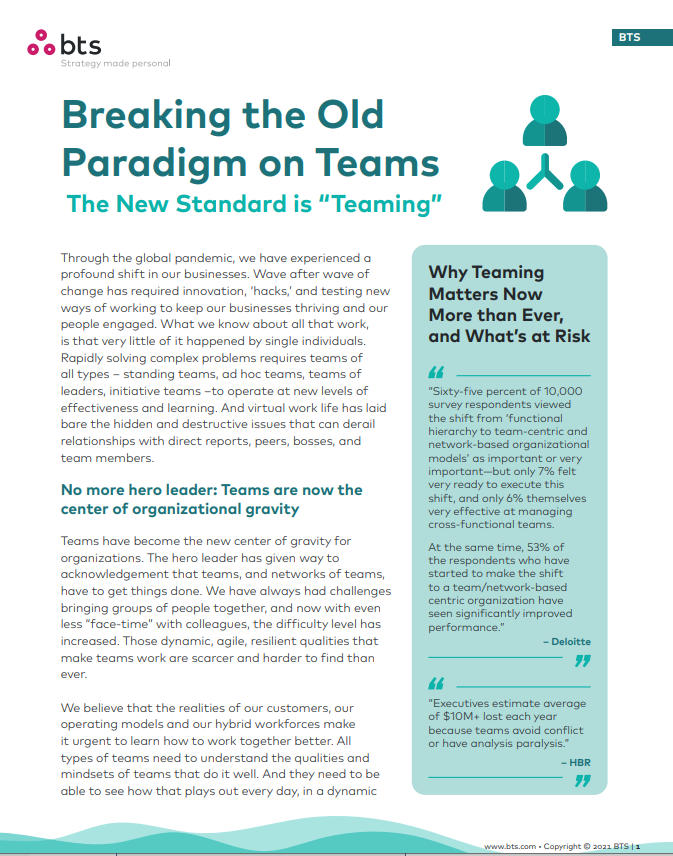 Teaming enables accountability, responsibility, and a healthy team environment. In this report, BTS leadership experts explore what teaming is and why it is essential to forming a high-performing organization. #teamwork #teamperformance #leadership app.marketbeam.io/u/fhNrMu