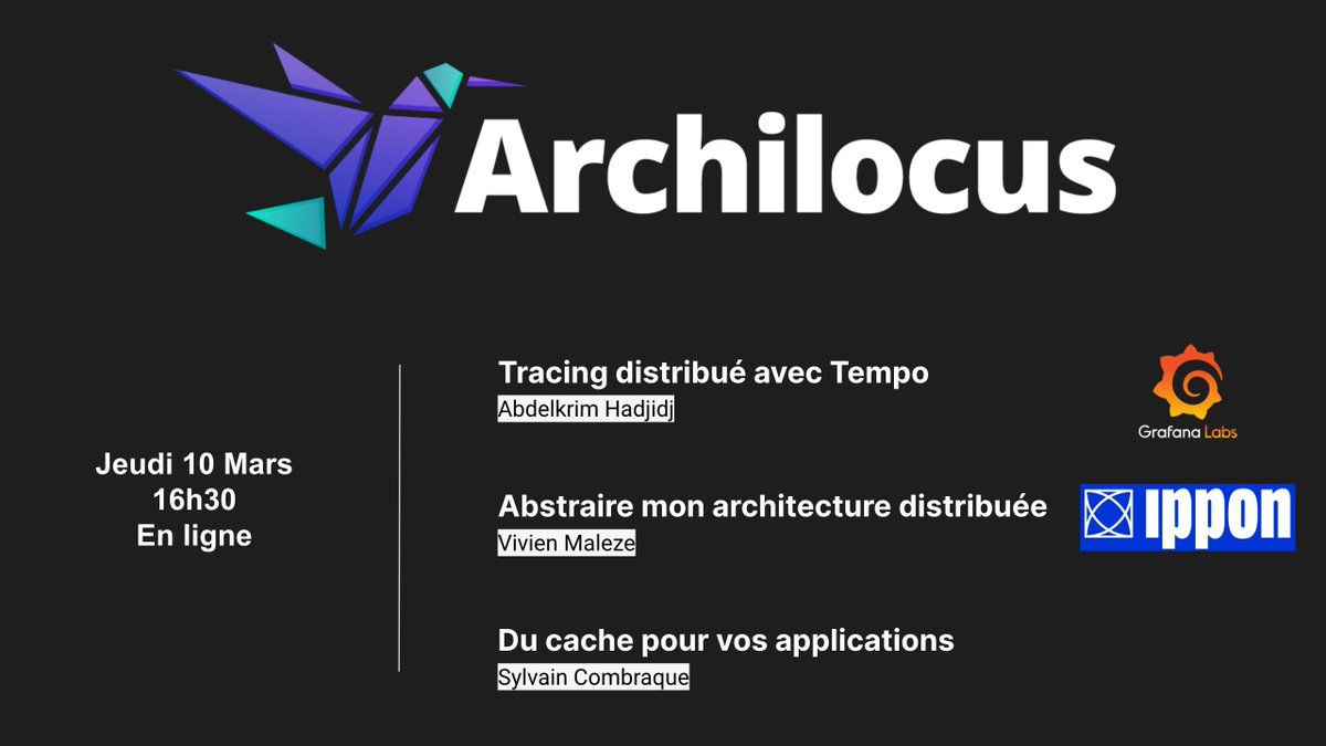 ManoMano_Tech (@manomano_tech) on Twitter photo Join the next Archilocus online #Meetup next Thurday March 10th at 4:30pm!
Content in 🇫🇷 addressed to #architects #IT #engineer by:
@ahadjidj - @Grafana Labs
<a href="/VMaleze/">Vivien Maleze</a> - <a href="/ippontech/">Ippon Technologies</a>
<a href="/Darkweak_dev/">Darkweak</a>
🕸️meetup.com/fr-FR/archiloc…
cc <a href="/urelien_Lajoie/">Ôrel</a> @fotozik @EpitechBordeaux Join the next Archilocus online #Meetup next Thurday March 10th at 4:30pm!
Content in 🇫🇷 addressed to #architects #IT #engineer by:
@ahadjidj - @Grafana Labs
<a href="/VMaleze/">Vivien Maleze</a> - <a href="/ippontech/">Ippon Technologies</a>
<a href="/Darkweak_dev/">Darkweak</a>
🕸️meetup.com/fr-FR/archiloc…
cc <a href="/urelien_Lajoie/">Ôrel</a> @fotozik @EpitechBordeaux