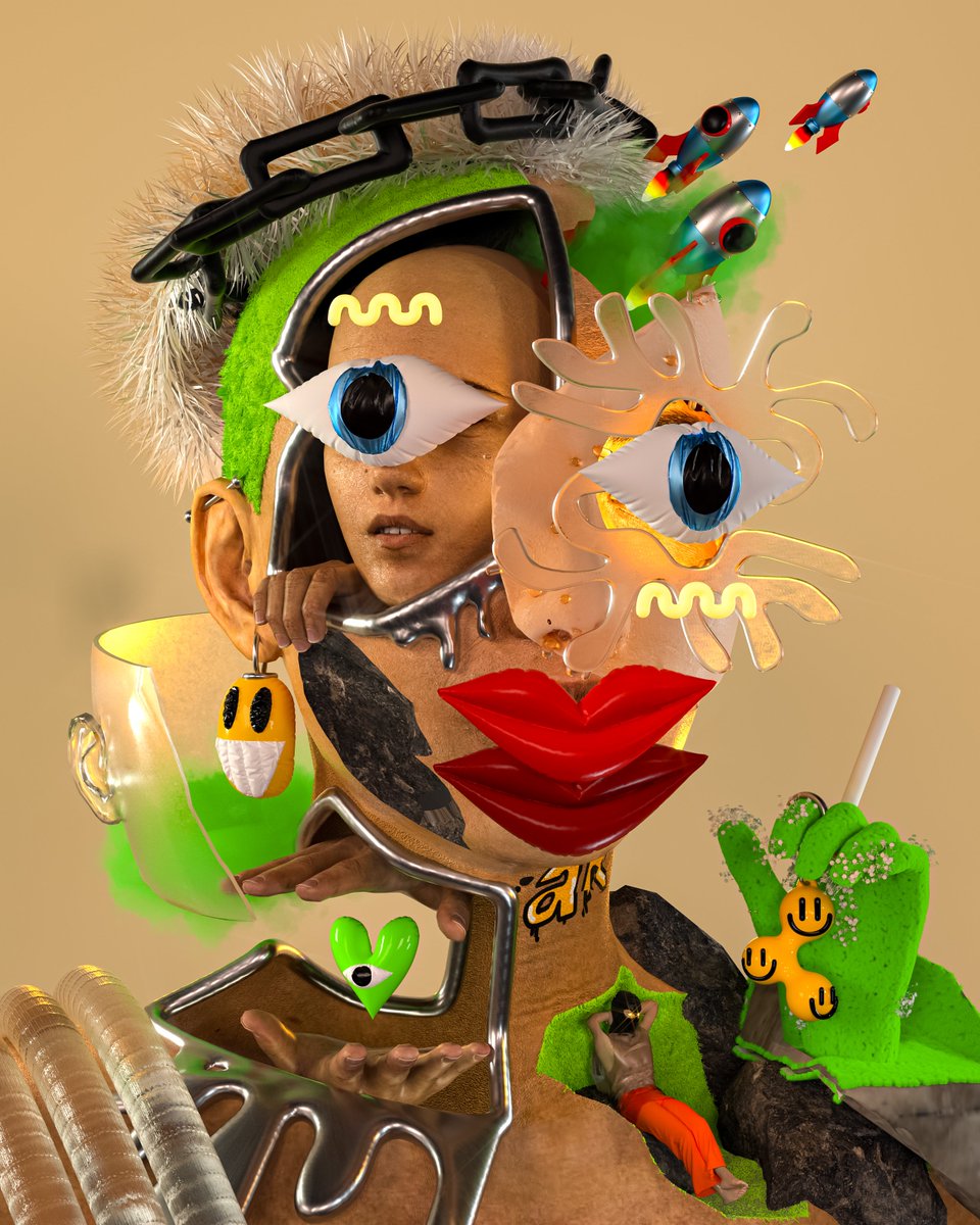 MTLontheblock's tweet photo. MTL on the block artist spotlight 🌟

Alex a.k.a @Phazme is a 3D artist who evolves between surrealism and abstract in his compositions. He loves to deconstruct faces to make new portraits of different people, often angry, as a reflection on how hard it is to stay calm nowadays. https://t.co/GV7EqQmr9R