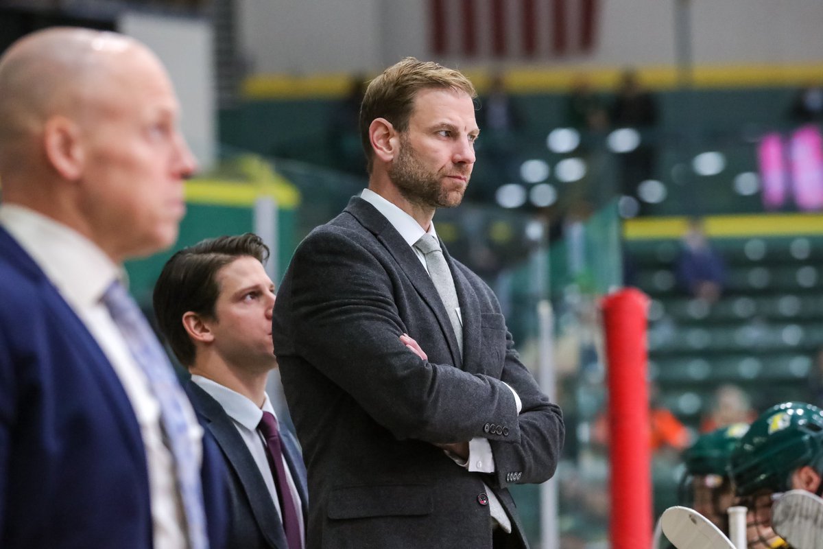 NMUHockey's tweet photo. What better way to celebrate a birthday than with the first game of playoffs? 😼

Happy Birthday, Coach Potulny! 🎉

Puck drops in Sault Ste. Marie at 6:07pm. 

#nmuwildcats https://t.co/I5DK9ULtkz