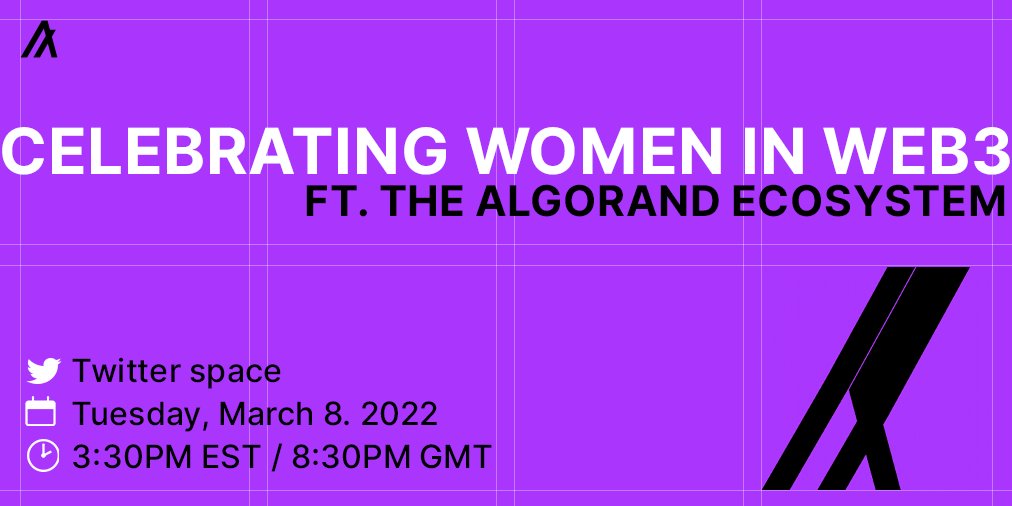 Algorand's tweet photo. #InternationalWomensDay is just around the corner! To celebrate, we invite our entire community to join us this Tuesday, March 8th for a live chat with women leaders across the #Algorand ecosystem.

Set a reminder for the Twitter Space 👉 https://t.co/ajeSTZU5fn @AlgoFoundation https://t.co/PEqwHNIcln
