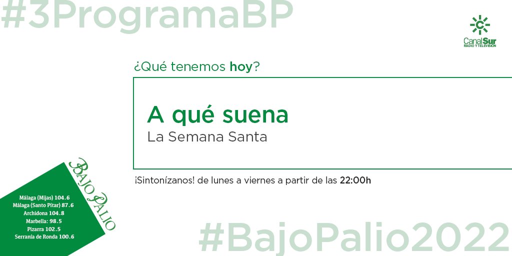 bajopaliocsr's tweet photo. 🎵¡Volvemos a ponerle sonido a los viernes!
En este #3ProgramaBP, te contamos a qué suena la Semana Santa.
⌚️22:00h
📻 104.6 FM
#BajoPalio2022 https://t.co/4dOzPJGdbT