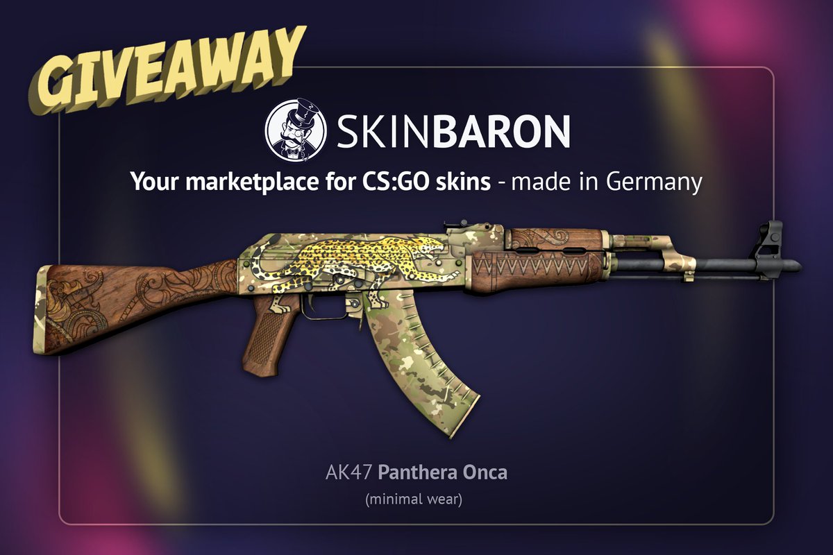 SkinBaron.com (@skinbaronen) on Twitter photo It's time for another giveaway! 🎁
Today we give away an AK-47 | Panthera Onca in Minimal Wear condition. 🐯🥳
Follow the steps below to enter:
✅Follow <a href="/SkinBaronEN/">SkinBaron.com</a> und <a href="/SkinBaronDE/">SkinBaron.de</a>
✅Retweet
✅Tag 2 friends
Giveaway ends at the 20.03.22 ⏰ It's time for another giveaway! 🎁
Today we give away an AK-47 | Panthera Onca in Minimal Wear condition. 🐯🥳
Follow the steps below to enter:
✅Follow <a href="/SkinBaronEN/">SkinBaron.com</a> und <a href="/SkinBaronDE/">SkinBaron.de</a>
✅Retweet
✅Tag 2 friends
Giveaway ends at the 20.03.22 ⏰