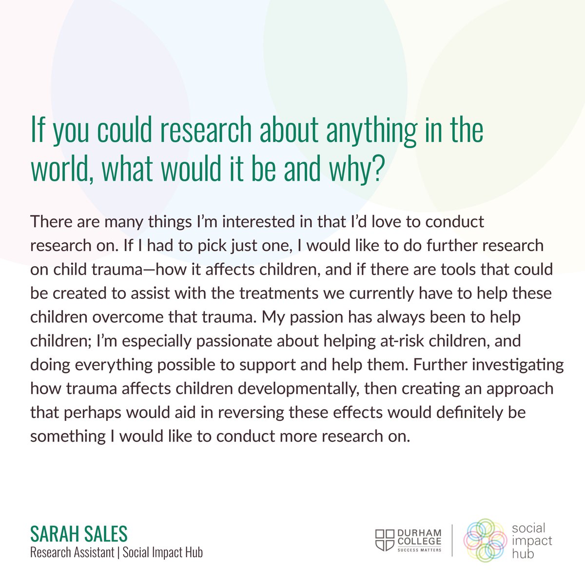 dc_socialimpact's tweet photo. Meet Sarah Sales who's working on “Innovation through co-production: A holistic approach to supporting social competency in pre-school children”. The project, led by faculty @NicoleDoyle10 and Corrine McCormick-Brighton with funding from @sshrc_crsh #DCSOAR #DCProud https://t.co/Ih0HSkZ3Yr
